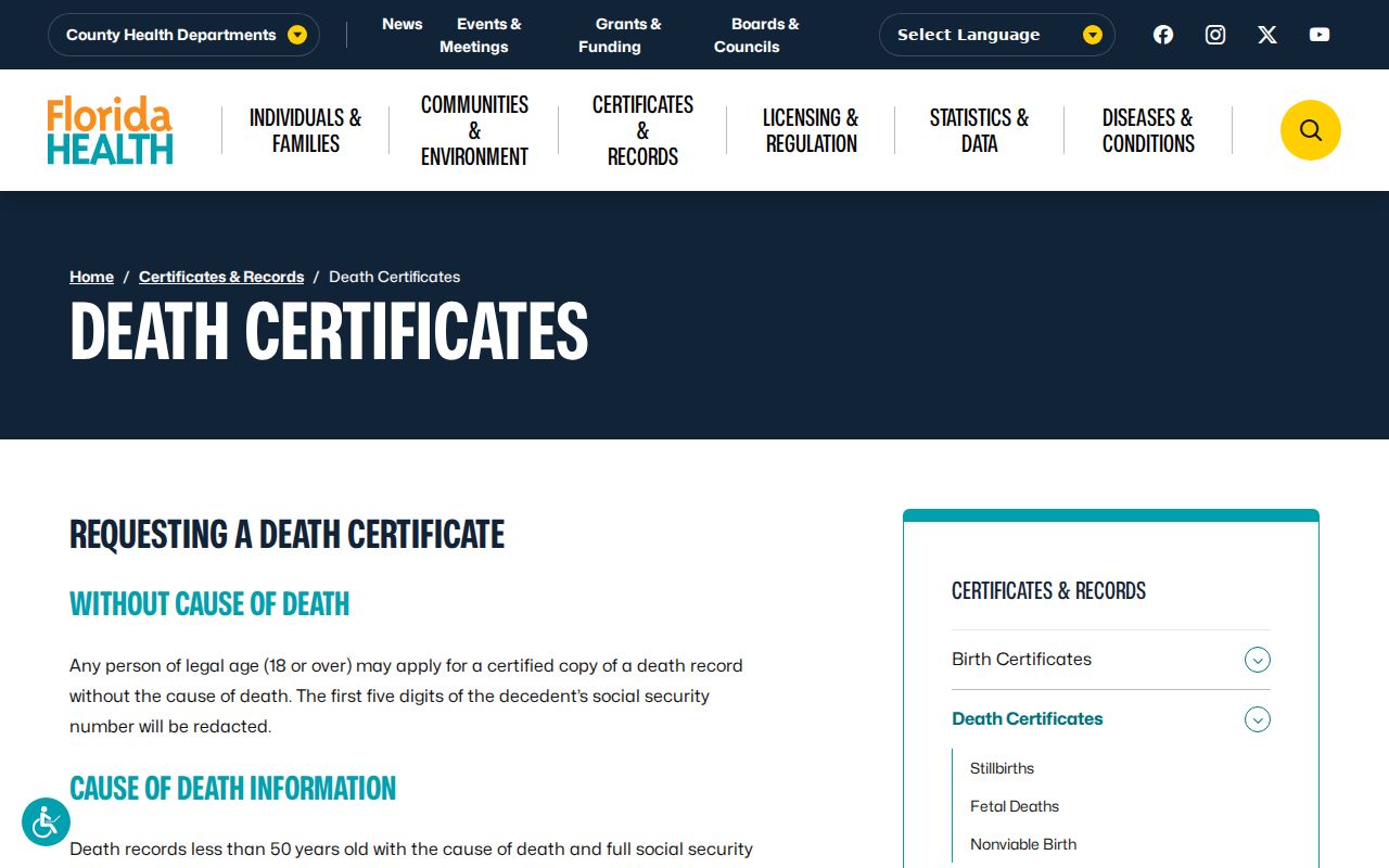 Leon County previous residents Florida death certificate page