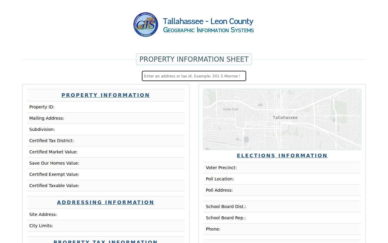 Leon County street directory Property Information Sheet search
