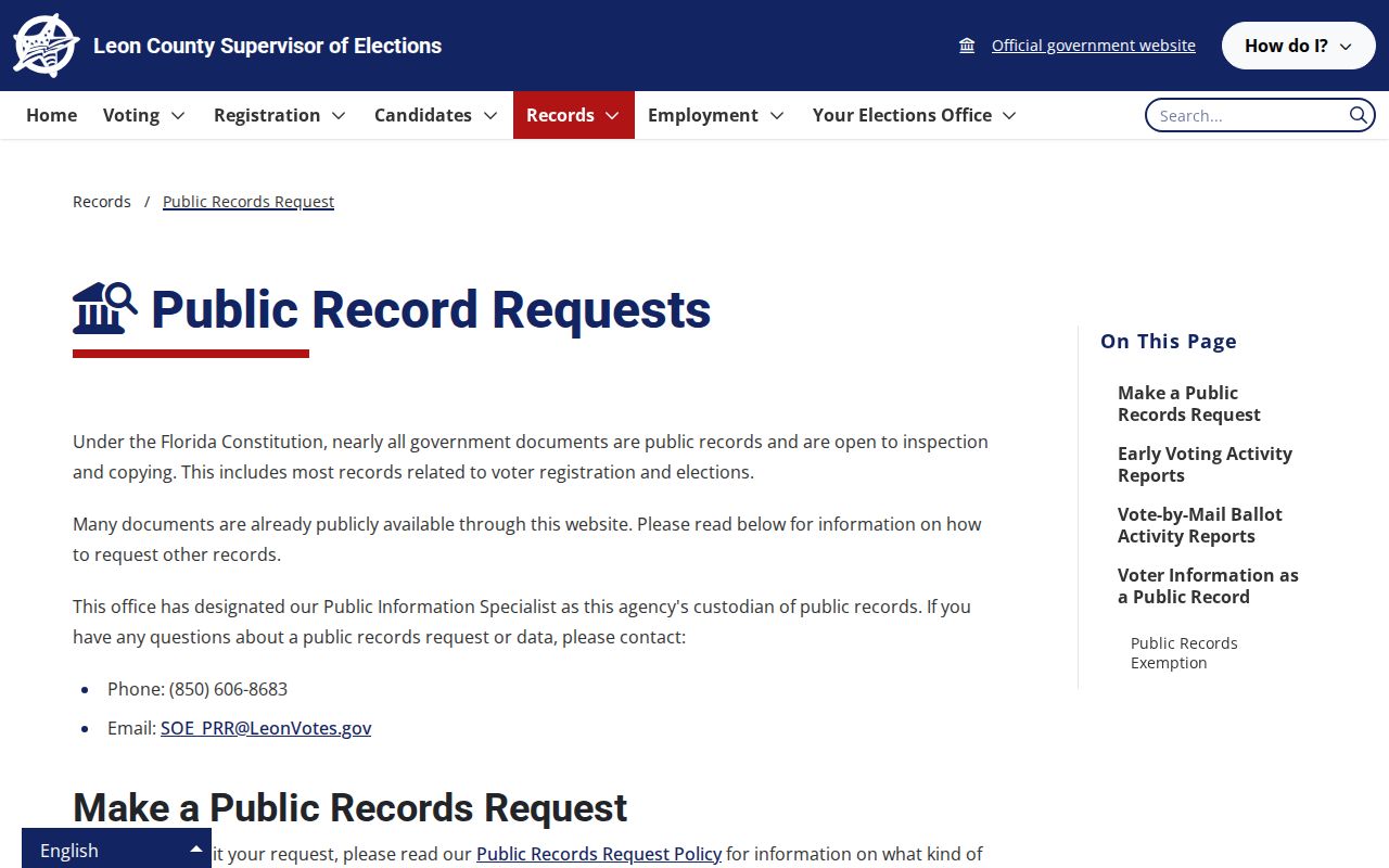 Leon County ZIP code directory voter records request page
